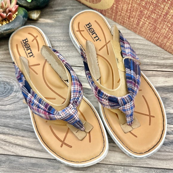 NIB Born Tide Plaid Flip Flops Thong Sandal Navy - Picture 2 of 11